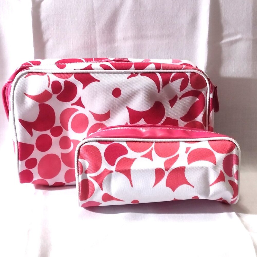 CLINIQUE Cosmetic Bags - Set of 2 - NEW - white w/ pink/rasberry pattern